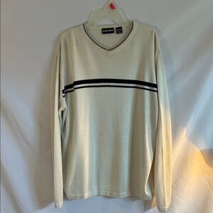 ODO off white/bone V neck lightweight black stripe pullover mens sweater size L